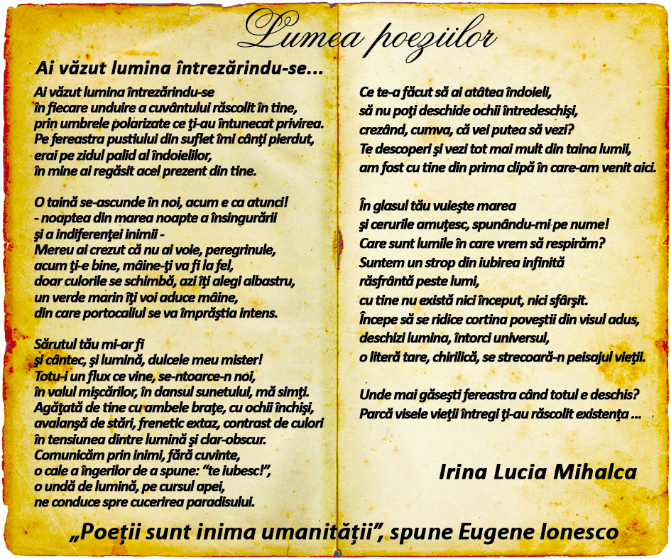 Lumea poeziilor: Irina Lucia Mihalca - Ai vazut lumina intrezarindu-se...