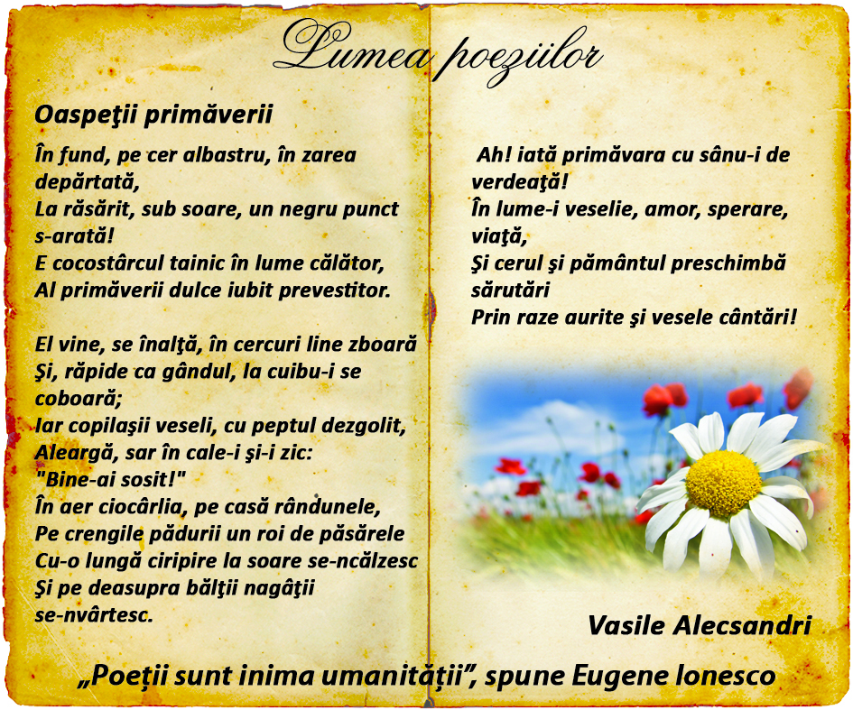 Lumea poeziilor, Vasile Alecsandri, Oaspetii primaverii, poeti clasici, poeti contemporani, versuri
