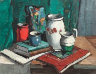 Pictura zilei „Natură statică cu ulcele şi cărţi” de Jean Cheller