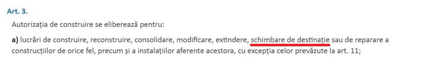 Unul dintre primele articole&nbsp;cuprinse în corpul Legii Construcțiilor spune că schimbarea destinației unei clădiri se poate face numai prin autorizație de construire. 