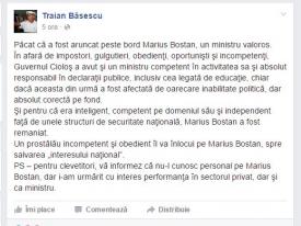 Traian Băsescu ”Un prostălău incompetent şi obedient îl va înlocui pe Marius Bostan, spre salvarea interesului naţional”