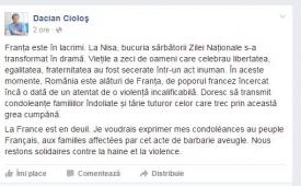România este alături de Franța. Cioloș transmite condoleanțe familiilor îndoliate