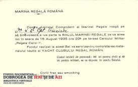 O invitație la Balul Marinei Regale, programat pe 15 august 1935     
