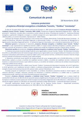 Comunicat de presă Lansarea proiectului „Creșterea eficienței energetice a imobilului Liceului Teoretic «Ovidius» Constanța“