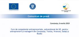 Comunicat de presă Curs de competențe antreprenoriale, subvenționat de UE, pentru antreprenorii și managerii din Constanța, Tulcea, Vrancea, Galați, Buzău    