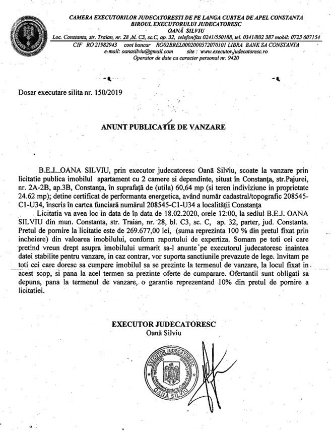 licitatie publica organizata de b e j oana silviu in vederea vanzarii unui imobil situat in constanta licitatie publica organizata de b e j oana silviu in vederea vanzarii unui imobil situat in constanta