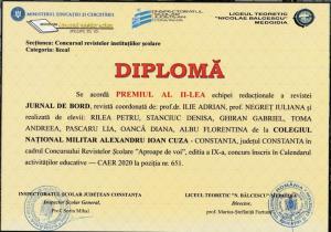 O nouă recunoaștere a echipei redacționale a revistei „Jurnal de bord”, a Colegiului Național Militar „Al. I. Cuza” din Constanța